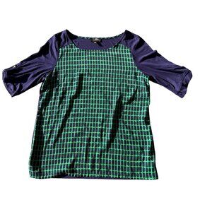 Green & Navy Blue Patterned Womens Top By The Limited Size M 3/4 Sleeve Buttoned